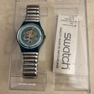 New in box Swatch Watch Steel Lite GG404 Skeleton face Metal Flexible band.1991
